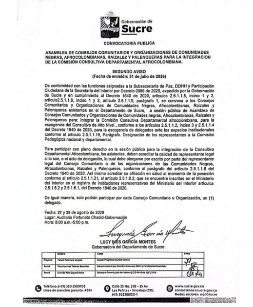 convocatoria comision consultiva departamental afrocolombiana sucre 2026 Convocatoria pública: Asamblea de Consejos Comunitarios y organizaciones de comunidades negras, afrocolombianas, raizalez y palenqueras para la integración de la Comision Consultiva Departamental Afrocolombiana